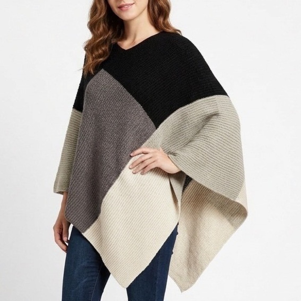 E.Luna‎ Seasonal Fashion Poncho Women's One Size Multi Colorblock Knit Ribbed